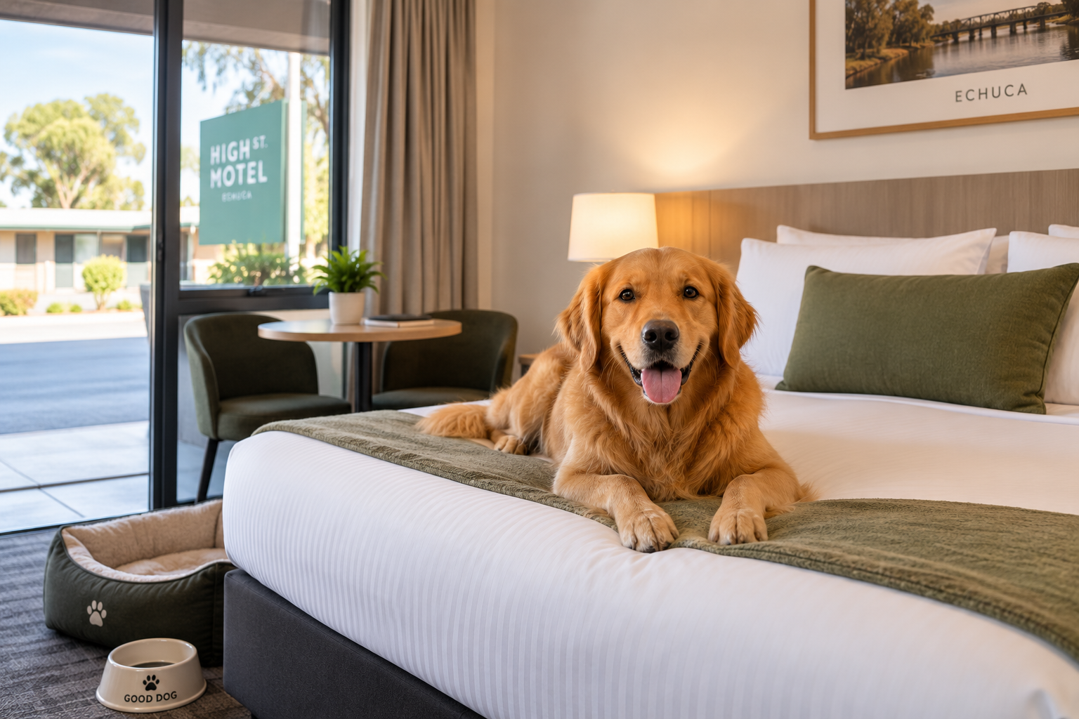 A happy golden retriever lying on a hotel bed with a green pillow, in a room with a lamp and picture on the wall, near a window showing a street view.