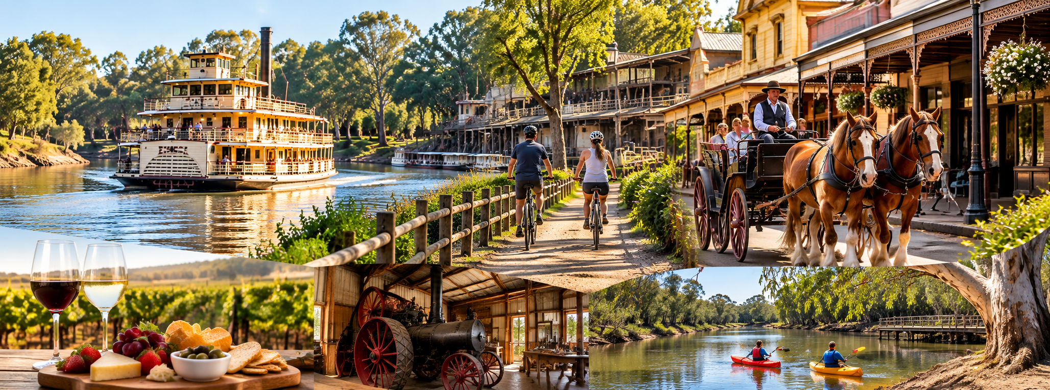Scene of a riverwalk with a paddle steamer boat on the river, people biking along the pathway, a horse-drawn carriage, wine and cheese, kayakers on the river, and a vineyard in the background, all under sunny skies.