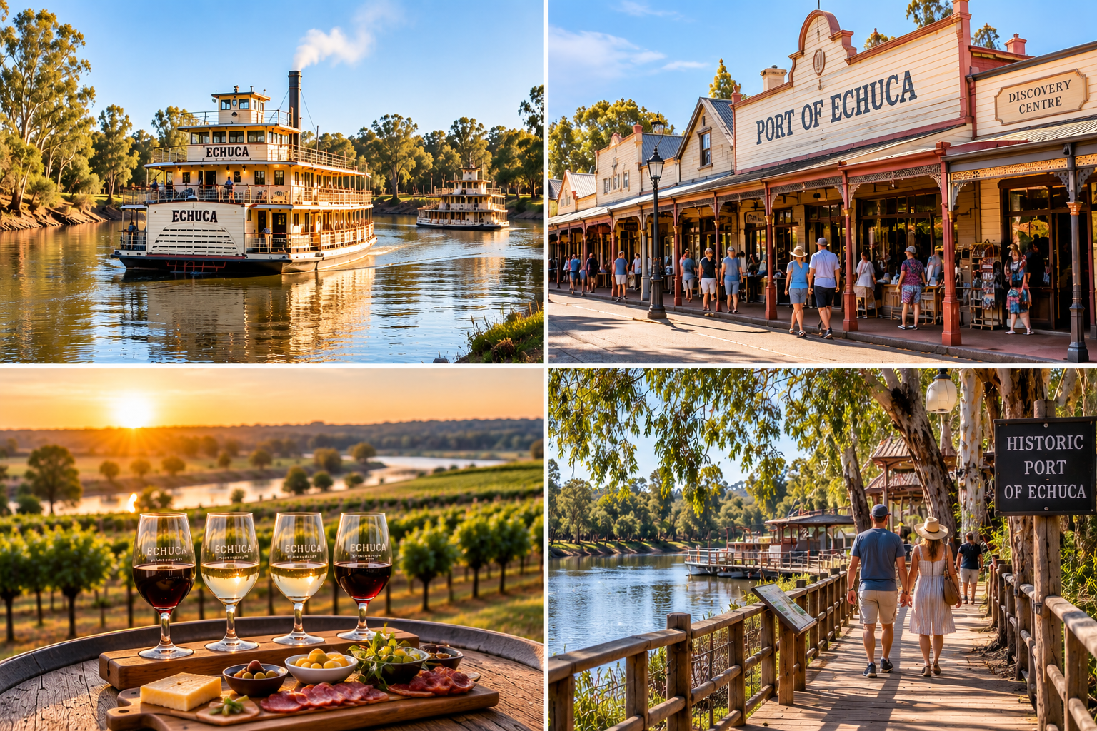 Scenes from Echuca including riverboats on the river, historic port buildings with tourists, wine glasses and a food tray overlooking a vineyard at sunset, and visitors walking along a riverside path under trees.