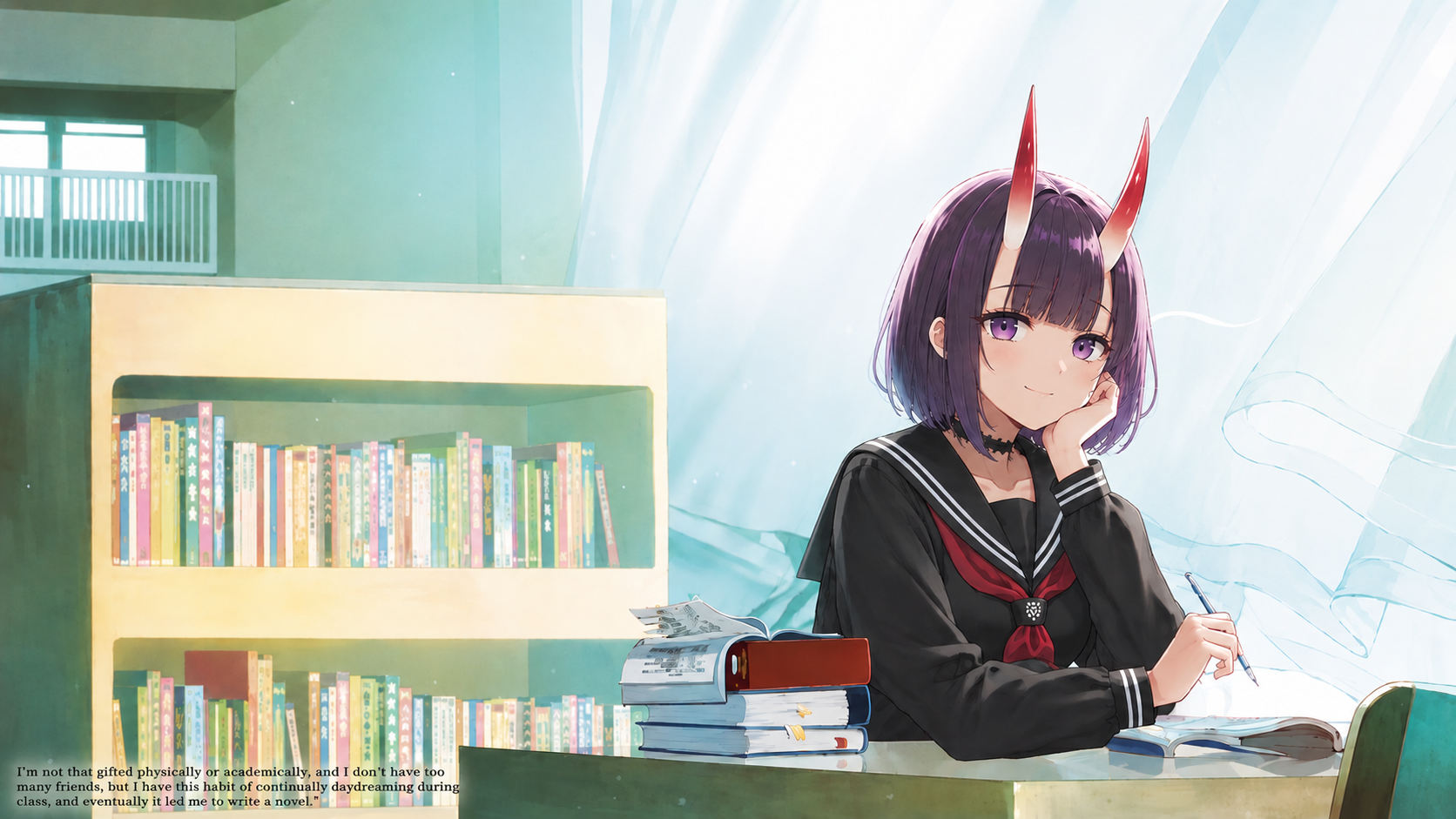 Anime girl with purple hair and horns sitting at a desk with books, smiling and holding a pen, in a bright room with large windows and a bookshelf in the background.