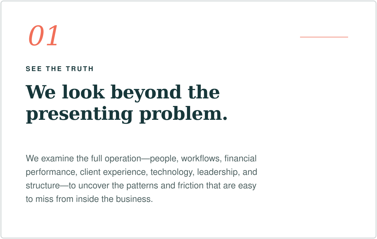 Text on a dark background reads '01' in red, 'SEE THE TRUTH' in blue, and 'We look beyond the presenting problem.' in dark gray, with an additional paragraph explaining examining the full operation including people, workflows, financial performance, client experience, technology, leadership, and structure.