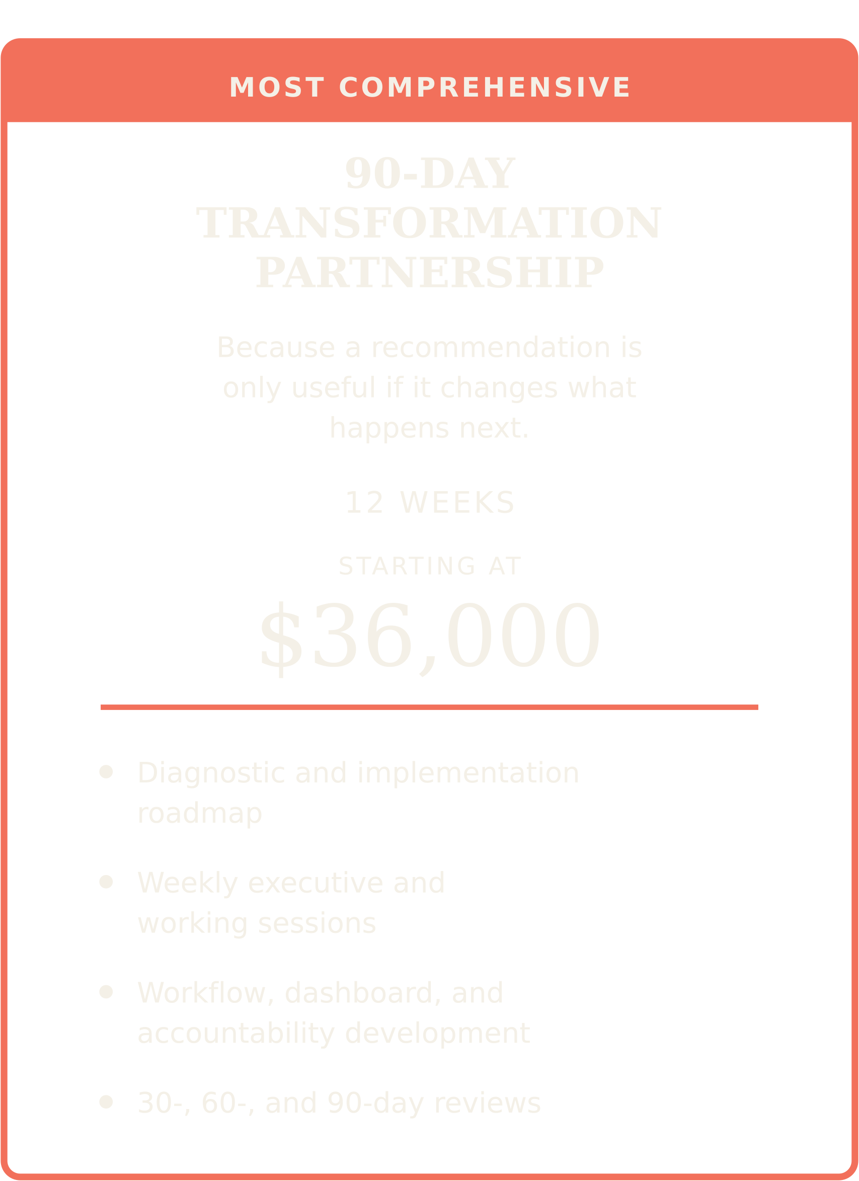 A promotional graphic with a pink header titled "Most Comprehensive 90-Day Transformation Partnership." The text outlines the partnership's features, including a starting price of $36,000, and highlights components such as a diagnostic and implementation roadmap, weekly working sessions, progress reviews, and development of workflow dashboards and accountability tools.