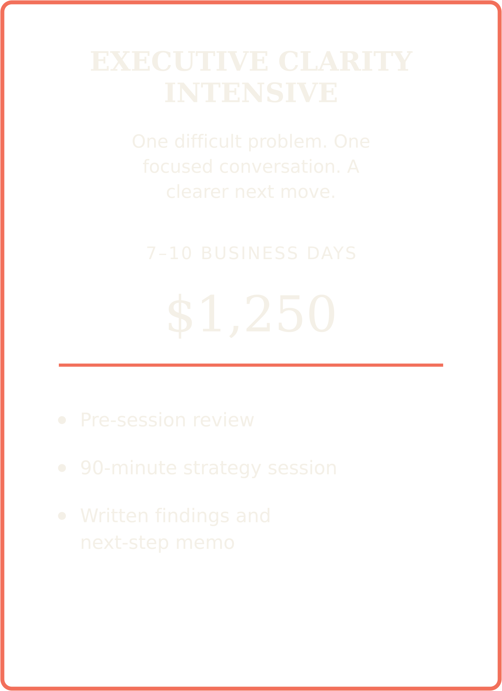A digital advertisement for an executive clarity intensive workshop, featuring details about the program, duration, pricing, and focus areas such as pre-session review, strategy session, written findings, and next-step memo.