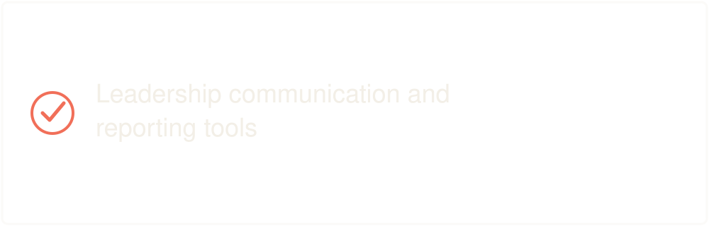 Slide titled 'Leadership communication and reporting tools' with a red checkmark icon.