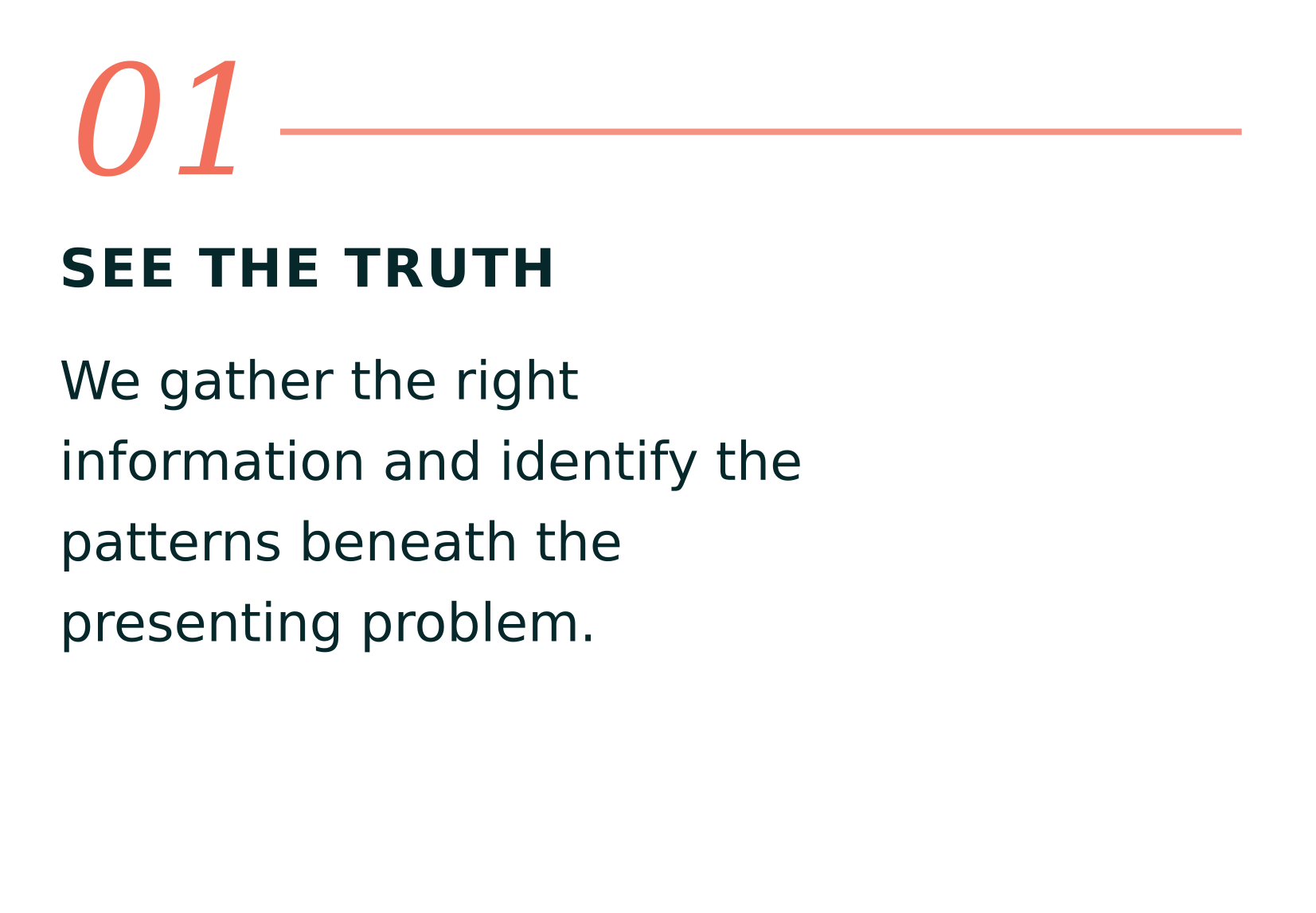 Infographic with large red number '01' and text that reads 'SEE THE TRUTH: We gather the right information and identify the patterns beneath the presenting problem.'