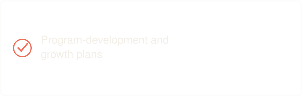 Slide with a black background and white text that reads 'Program development and growth plans,' accompanied by a red check mark icon.