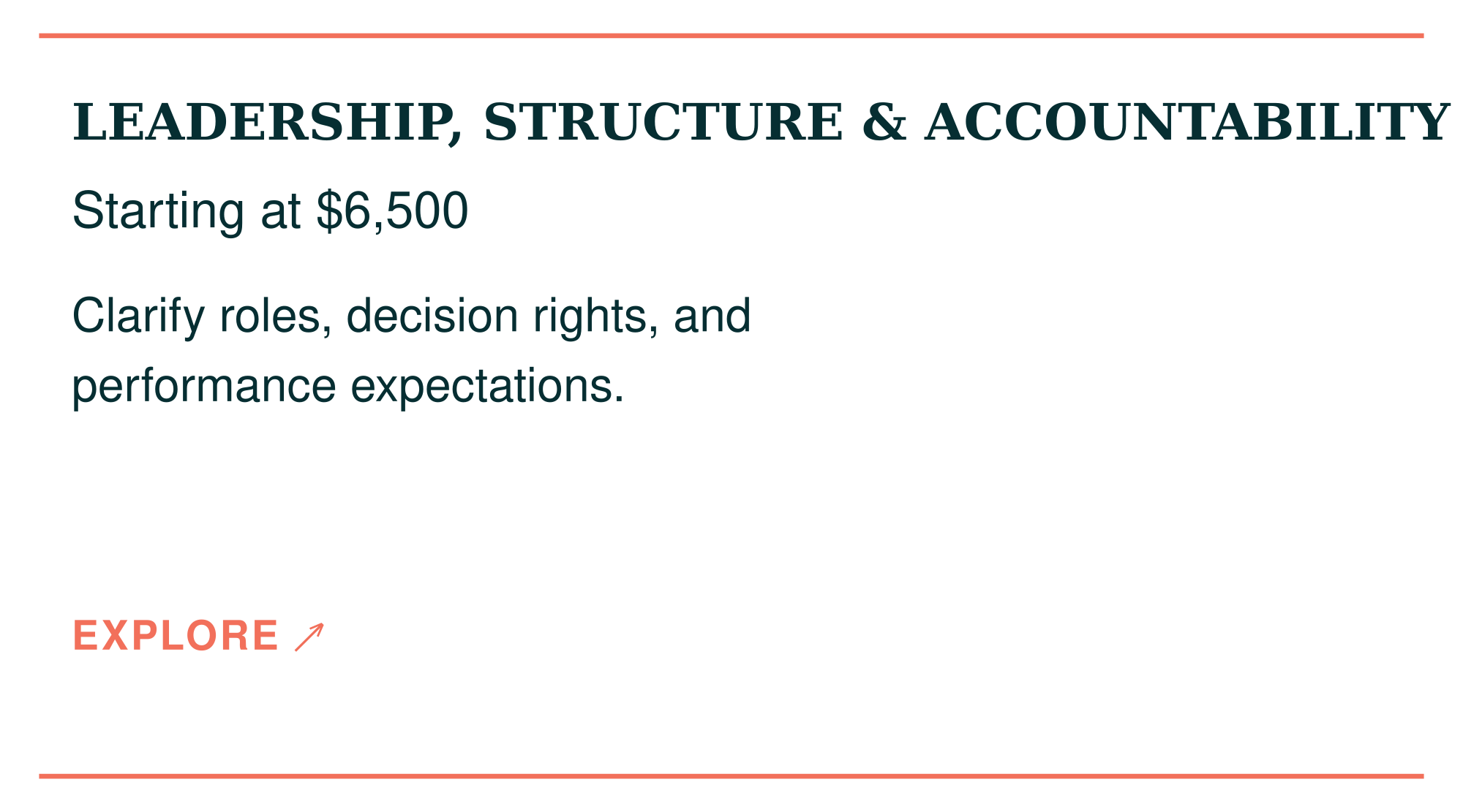 A presentation slide titled 'Leadership, Structure & Accountability' with a subtitle indicating a starting price of $6,500. The slide mentions clarifying roles, decision rights, and performance expectations. There is an arrow pointing to the word 'Explore' at the bottom left.