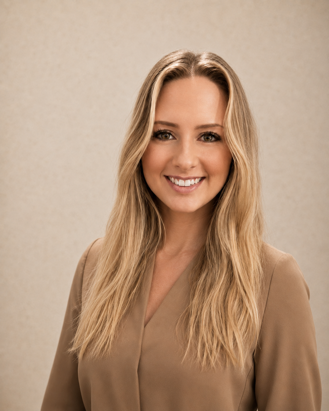 Portrait of a young woman with long, wavy blonde hair, smiling, wearing a beige blouse against a neutral background.