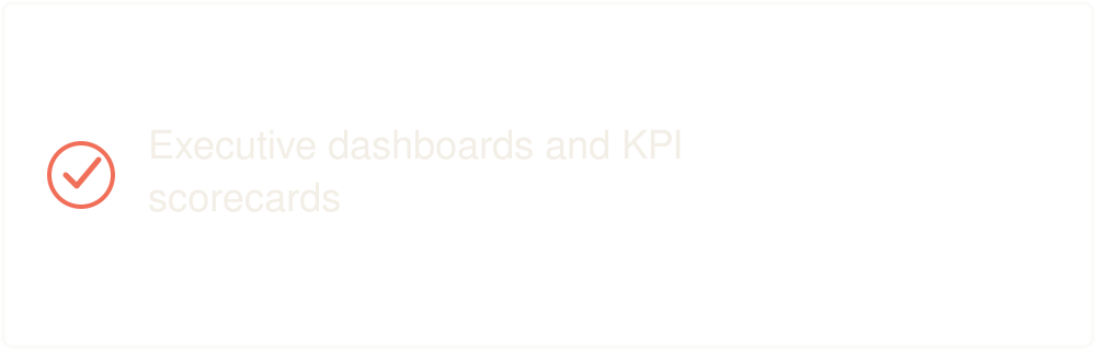 Slide with title "Executive dashboards and KPI scorecards" and a red check mark icon.