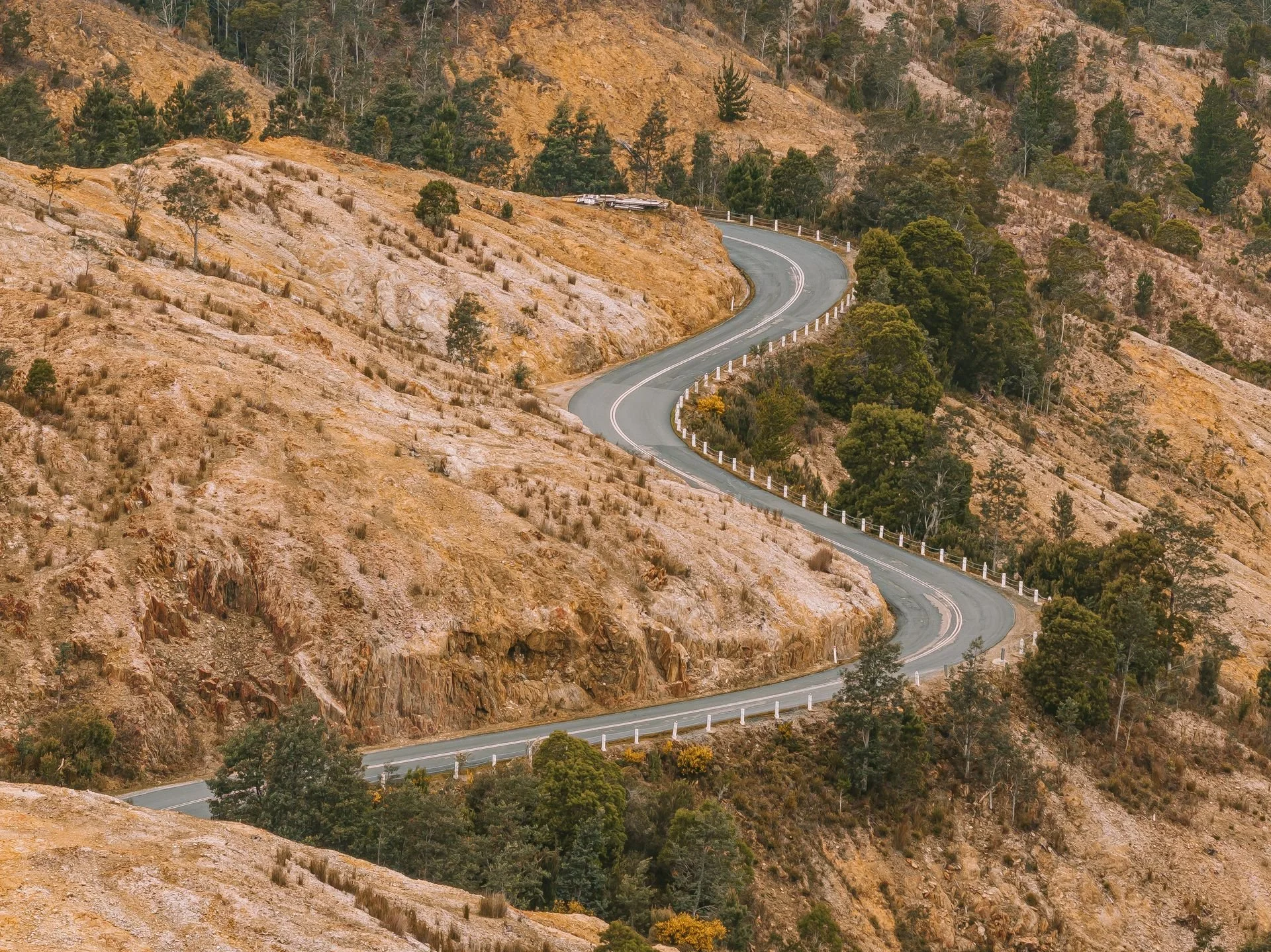 A winding mountain road with guardrails, surrounded by rocky terrain and dense green trees.