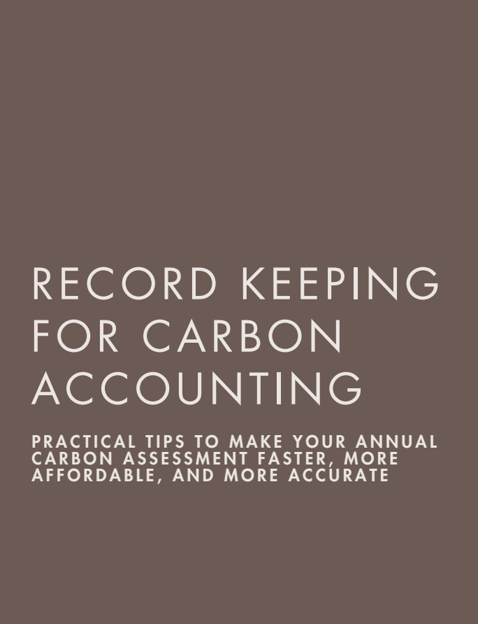 Cover of a guide titled 'Record Keeping for Carbon Accounting' with subtitle about practical tips to improve annual carbon assessment.