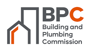 Logo for BPC, Building and Plumbing Commission, featuring stylized house outline and text in grey and orange.