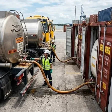 Two workers in safety vests and helmets transferring fuel between a tanker truck and storage containers at an outdoor port or dock.