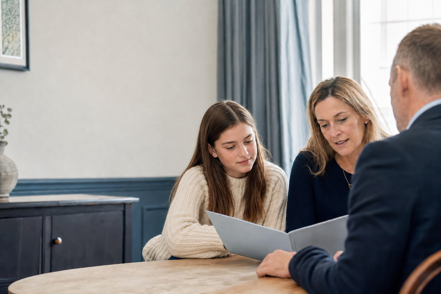 A family of three sitting at a dining table, looking at their personalised school report