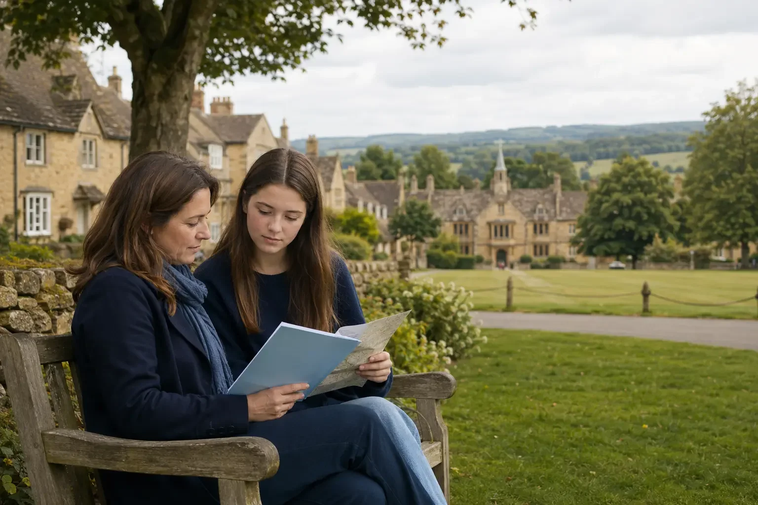 Two women sit on a park bench looking at a map together. They are in a historic town with stone buildings and greenery, under a cloudy sky.