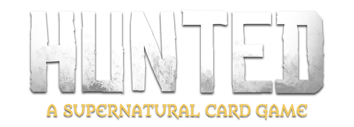 Logo for the card game 'Hunted: A Supernatural Card Game' with distressed white lettering on black background and subtitle in gold.