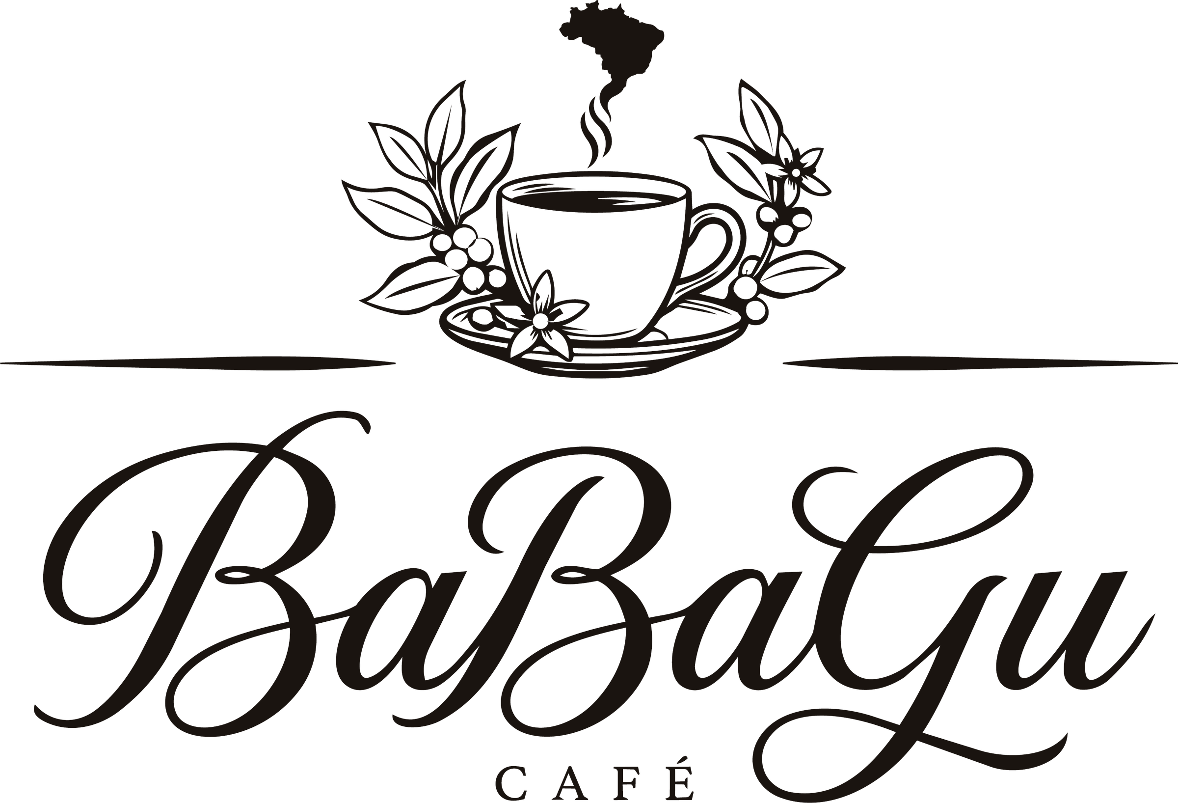 BaBaGu Café — Logo: Kaffeetasse mit Kaffeeblüten und der Silhouette Brasiliens