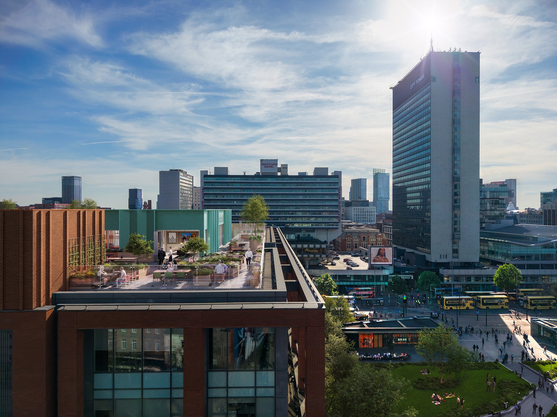 City skyline with modern high-rise buildings, a rooftop terrace with people, a park with people, and a busy street with buses and pedestrians under a blue sky with clouds.
