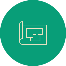 Blueprint drawing on a green circular background.