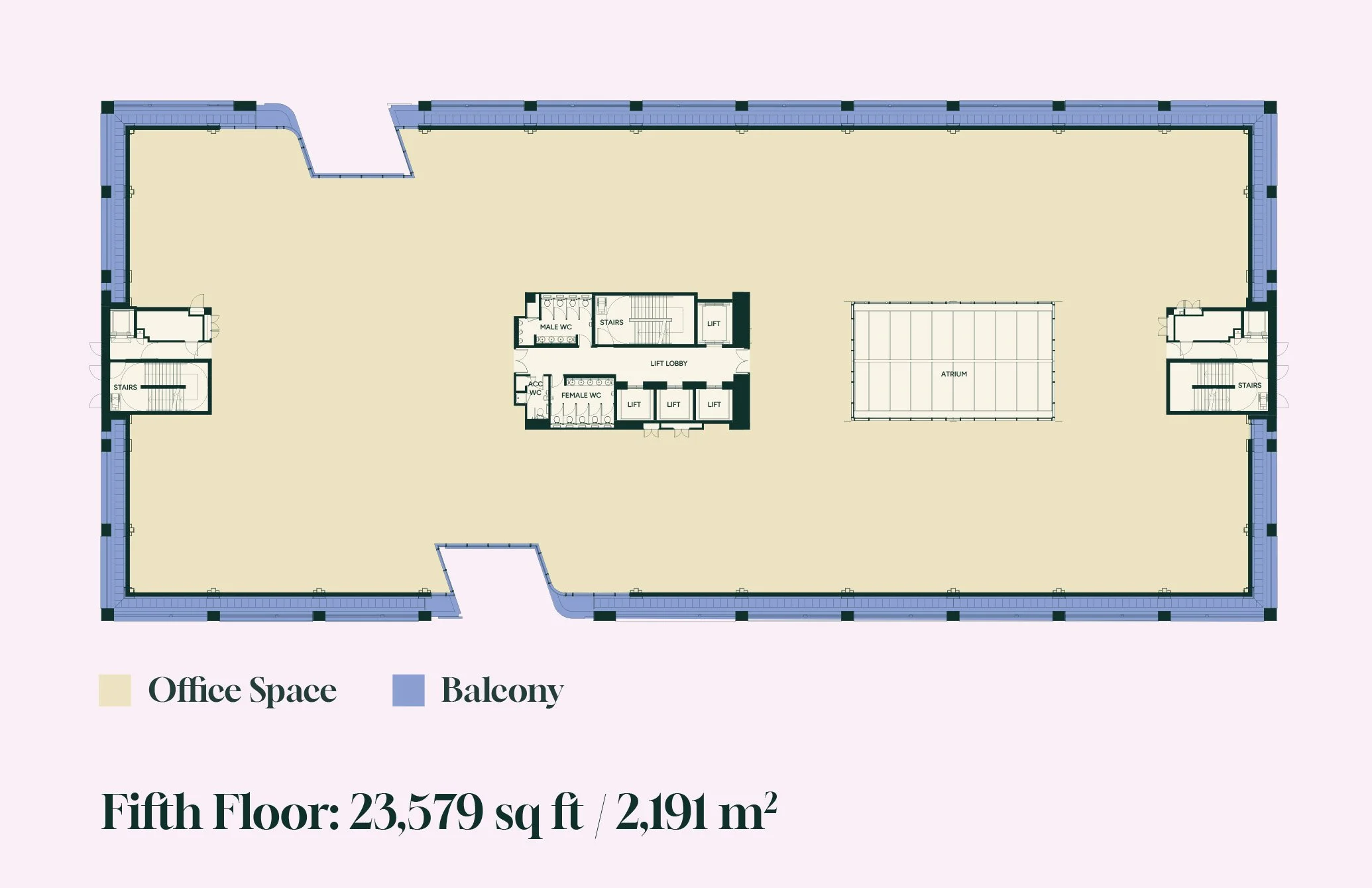 Floor plan of the fifth floor showing office spaces in beige and balconies in blue. Central area contains bathrooms, stairs, elevator, and an atrium.