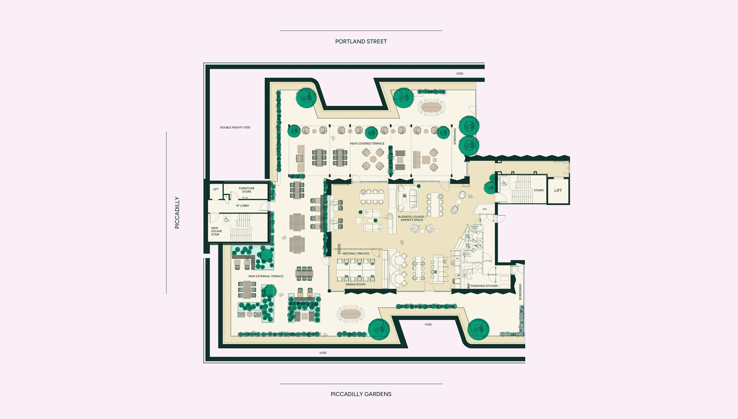 A detailed architectural floor plan of a building and outdoor space, including terraces, lounge areas, dining areas, gardens, and various functional zones.