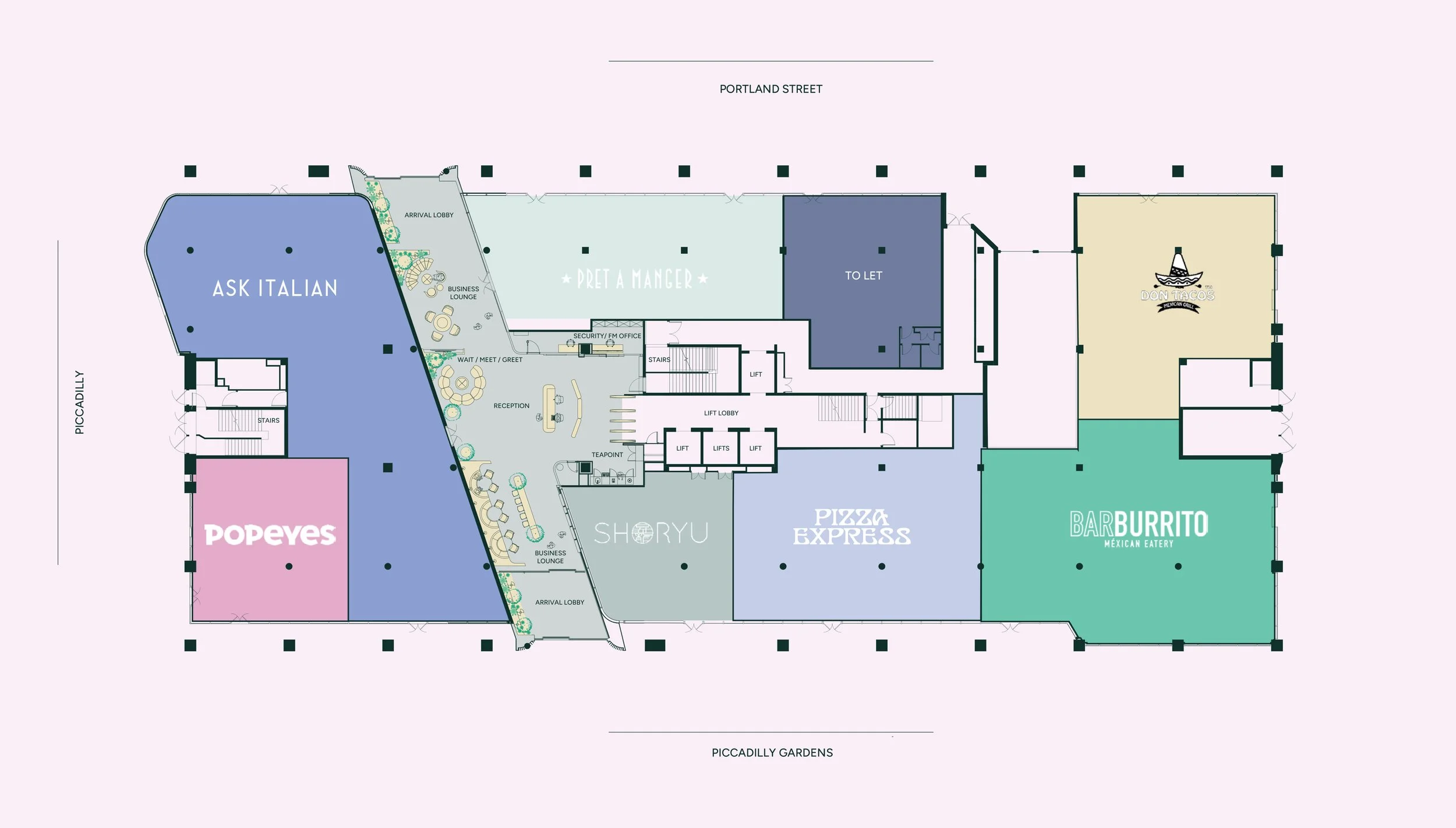 A colorful floor plan of a shopping mall featuring various stores including Popeyes, Ask Italian, Shoryu, Pizza Express, Bar Burrito, and Don Tacos. The layout shows corridors, lounges, elevators, lounges, and staircases.