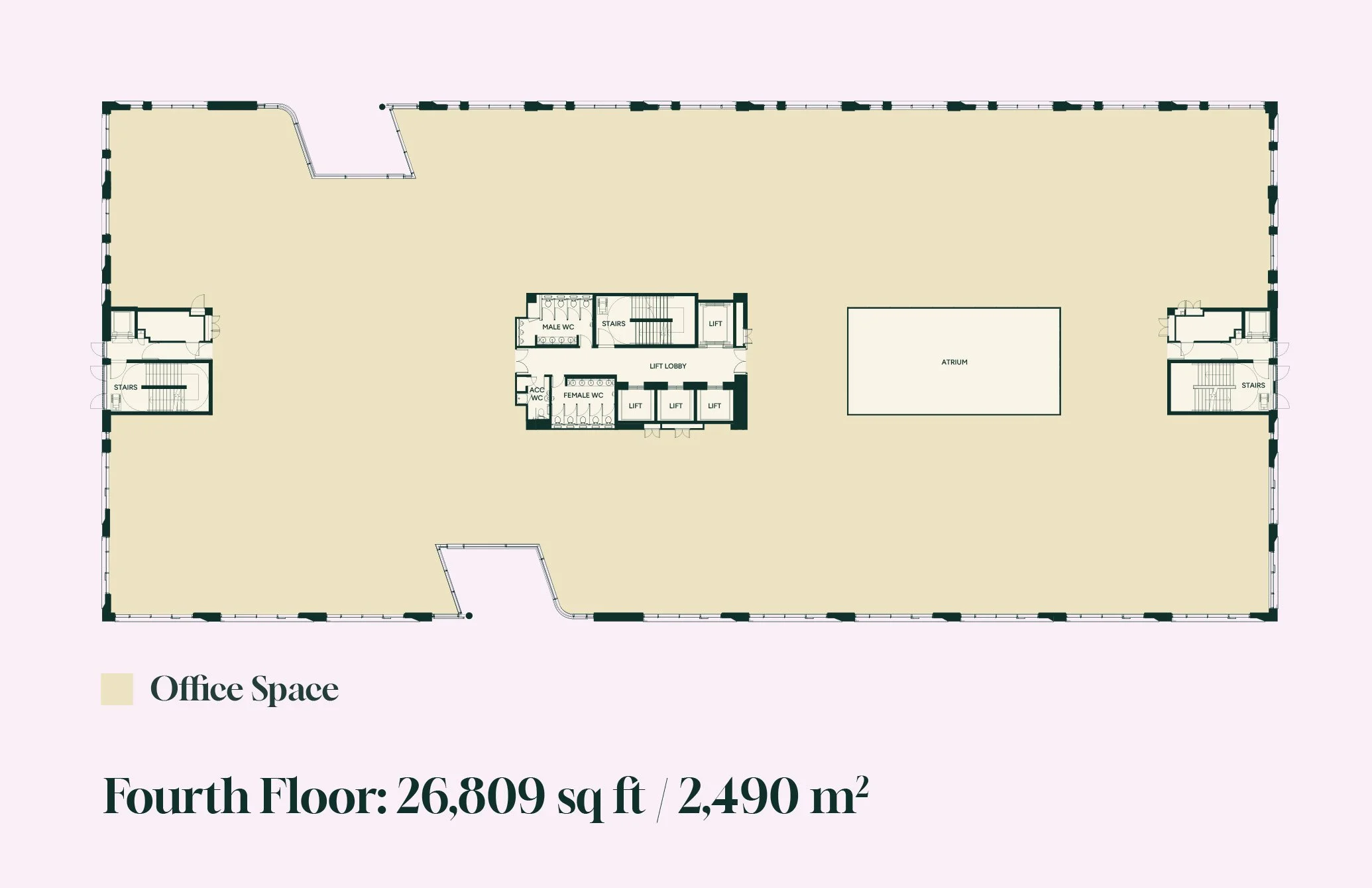 Floor plan of a large office space with labeled sections including staircases, lift, men's and women's restrooms, and an atrium, on a light pink background.