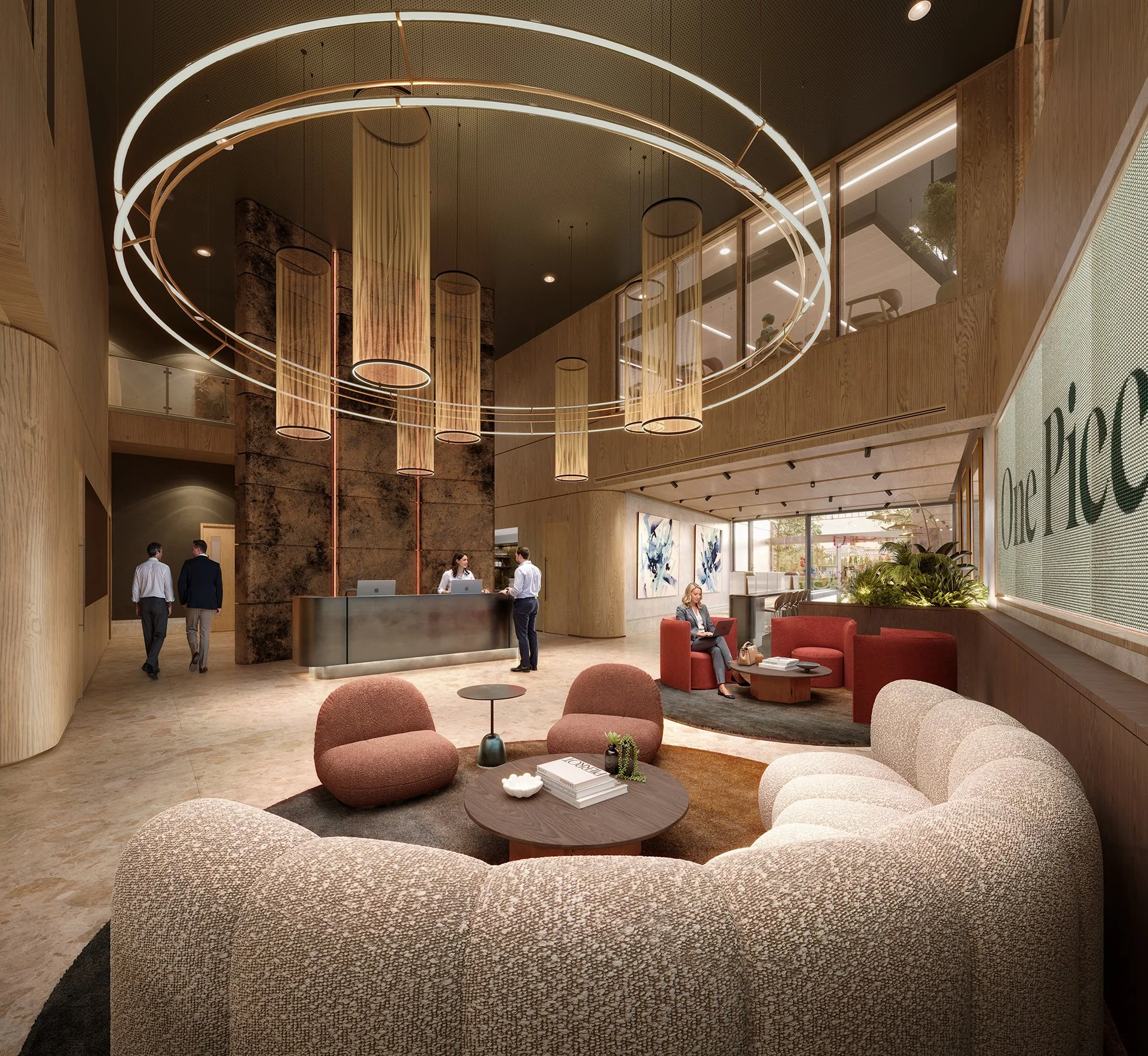 Modern hotel lobby with a curved reception desk, contemporary lighting fixtures, and seating area with curved cushioned chairs and a small round table featuring books and plants.