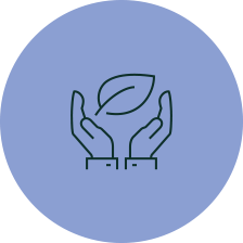 Illustration of hands holding a leaf against a blue circular background.