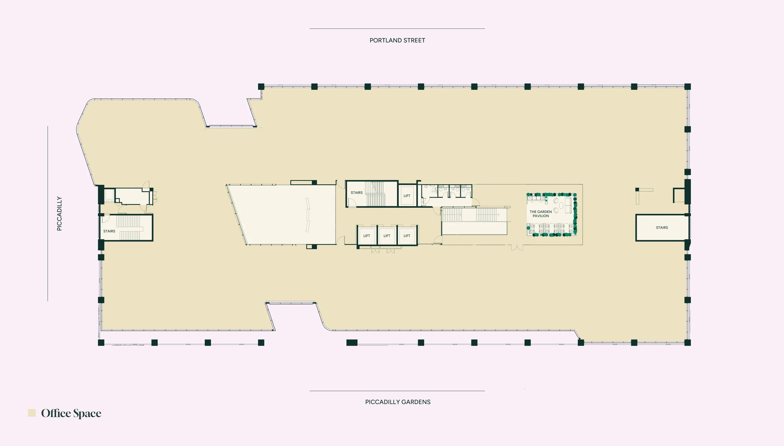 Floor plan of a building showing office space, staircases, elevators, restrooms, a garden pavilion, and surrounding streets labeled Portland Street, Piccadilly, and Piccadilly Gardens.