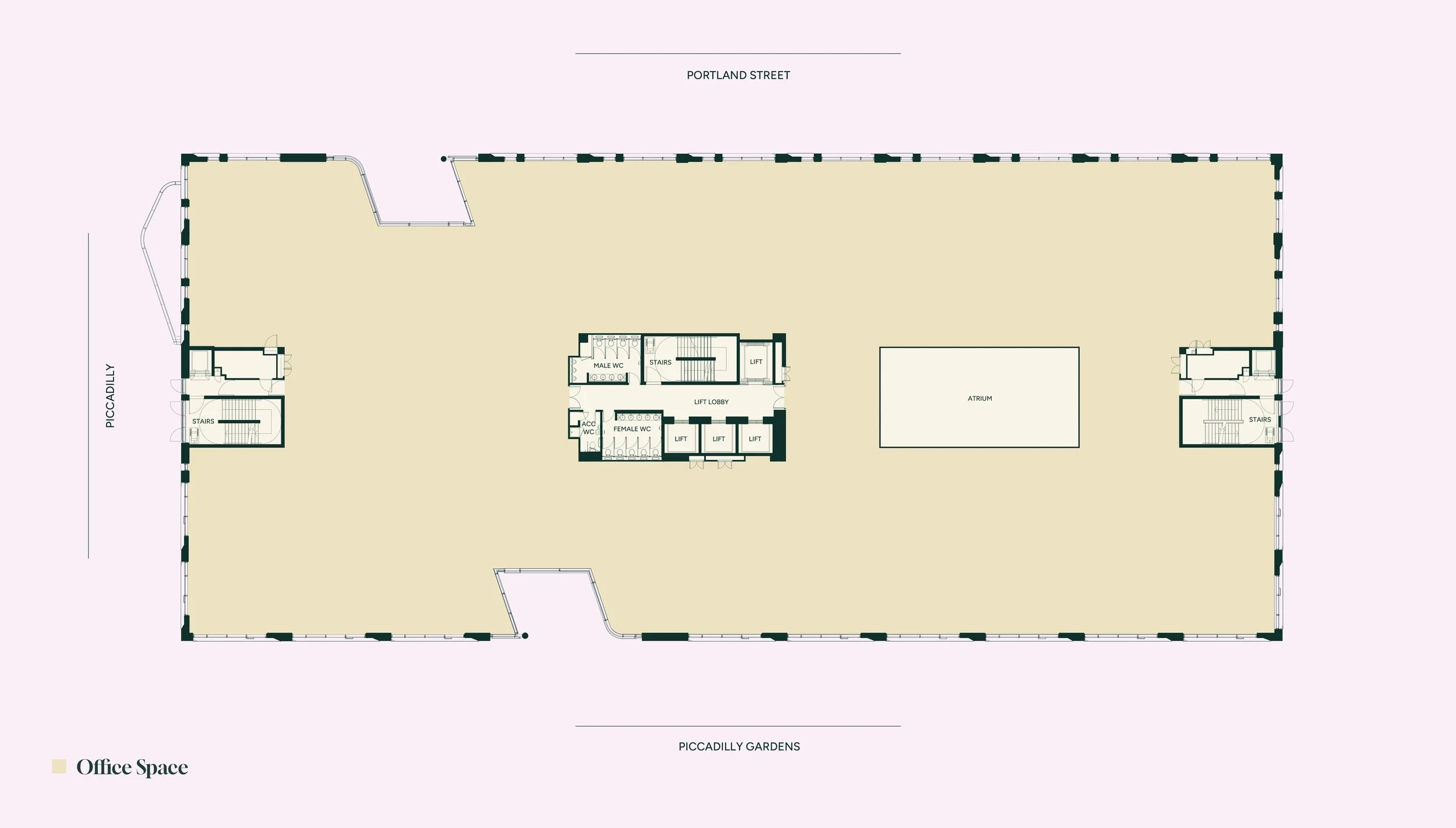 Floor plan of an office space with labeled areas including stairs, elevators, male and female restrooms, an atrium, and entrances on Portland Street, Piccadilly, and Piccadilly Gardens.