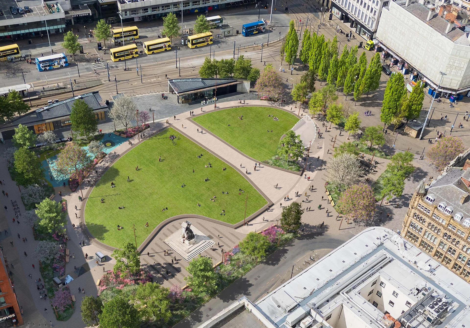 Aerial view of a city park with green lawns, trees, and walking paths, surrounded by streets with bus stops, buses, and people walking.