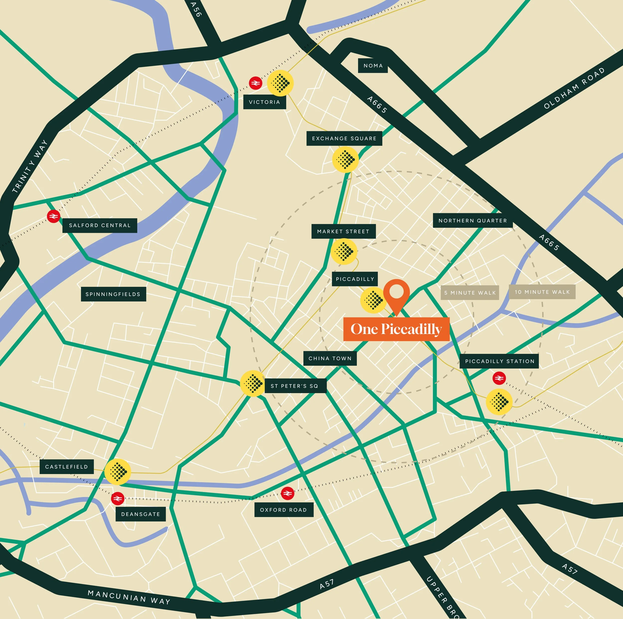 Map showing central Manchester, England, with notable locations including Oxford Road, Deansgate, Castlefield, Market Street, Piccadilly, and St. Peter's Square, with various transportation routes and landmarks.
