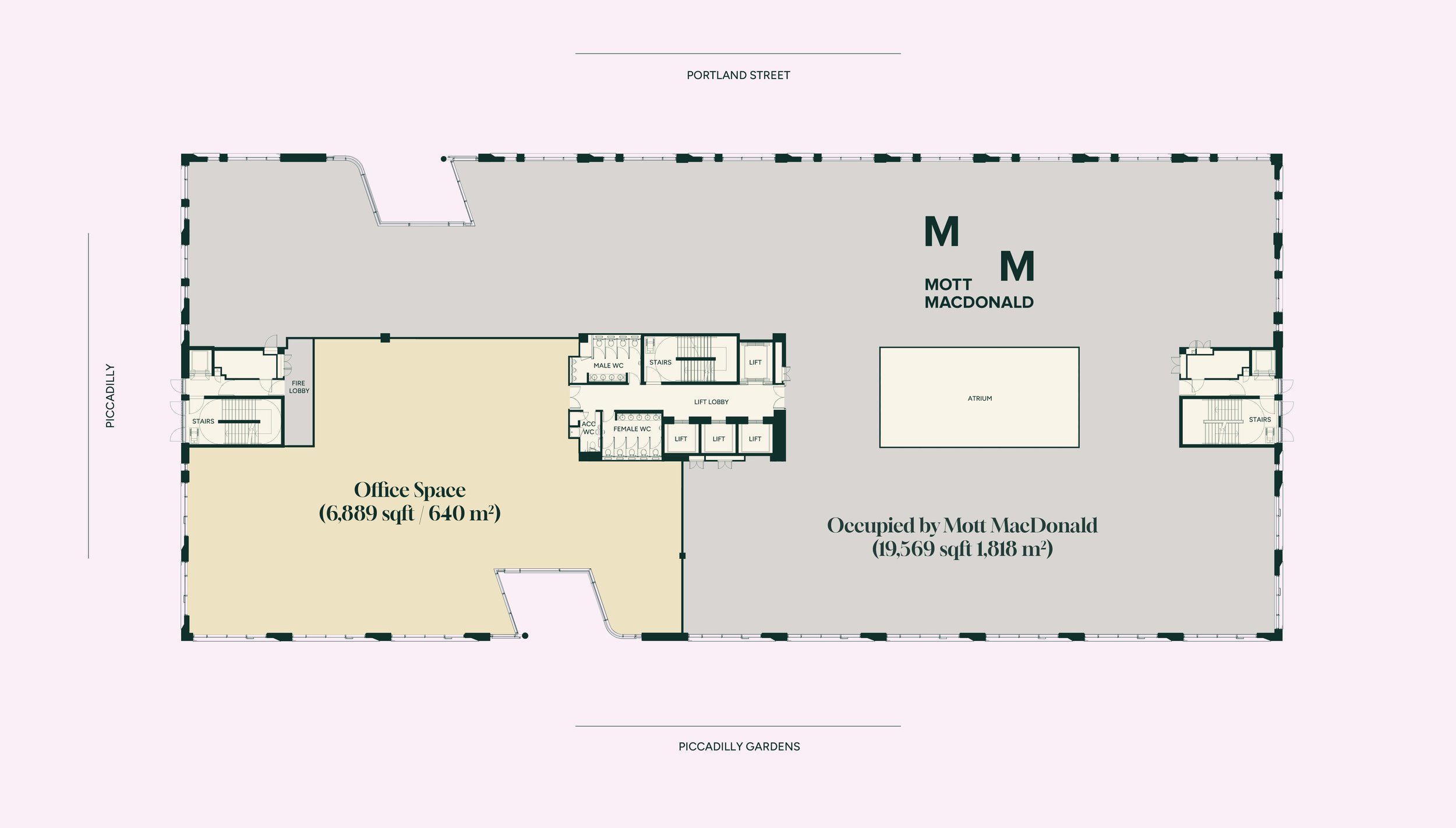 Floor plan of a building with an area labeled 'Office Space' measuring 6,889 square feet and an occupied area by Mott MacDonald measuring 19,569 square feet. The plan shows staircases, elevators, restrooms, and surrounding labels such as 'Portland Street' at the top and 'Piccadilly Gardens' at the bottom.