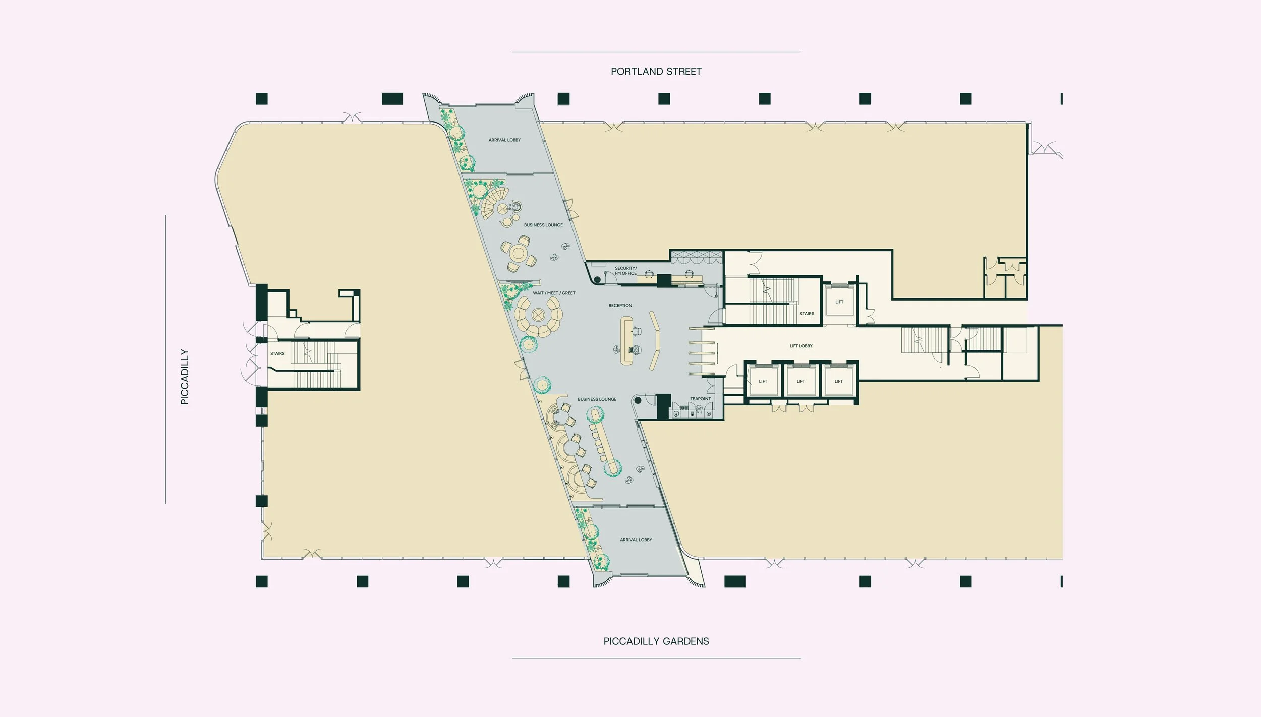 Floor plan of a building with labeled areas including arrival lobby, business lounge, wait/meet/greet area, reception, security/FOA office, stairs, lift, and restrooms, with labeled roads outside: Portland Street, Piccadilly, and Piccadilly Gardens.