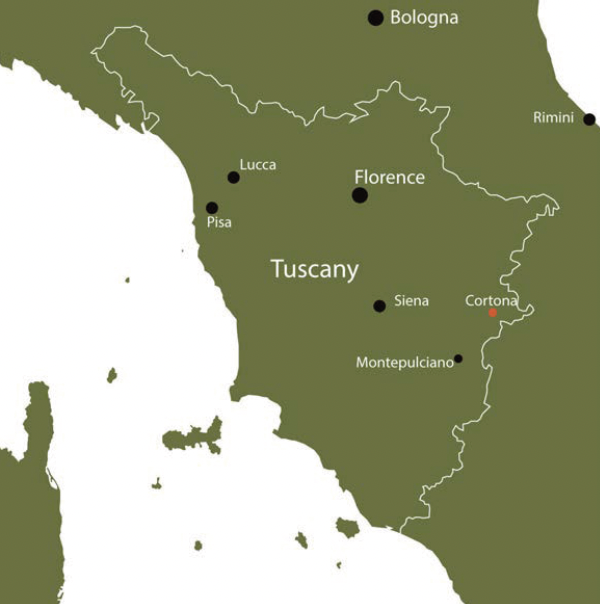 Map of Italy highlighting major cities in Tuscany, including Florence, Pisa, Lucca, Siena, and Montepulciano, with Rimini and Bologna in the north and Cortona marked near Tuscany.