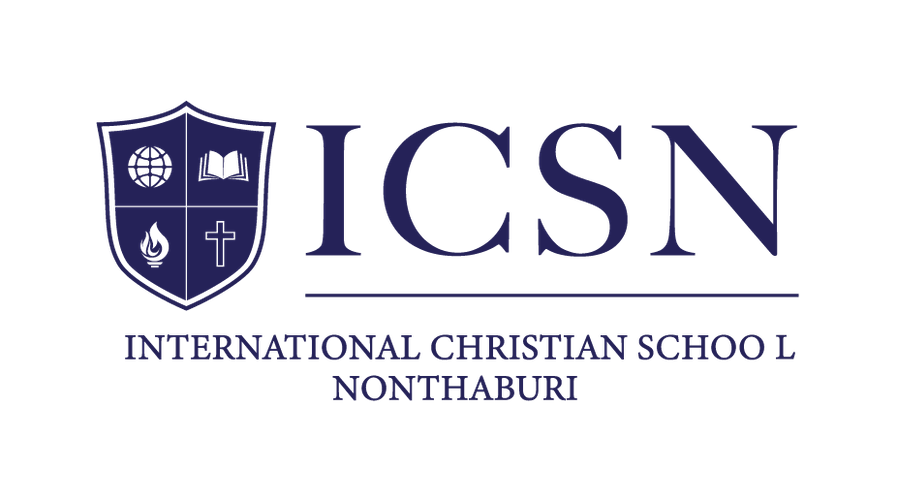 Logo of International Christian School Nonthaburi featuring a shield with icons representing the globe, book, flame, and cross, and the text 'ICSN' and 'INTERNATIONAL CHRISTIAN SCHOOL NONTHABURI'.