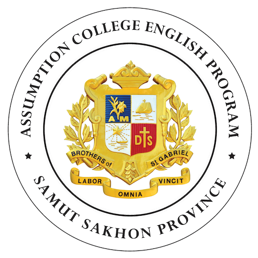 Seal of Assumption College English Program featuring a shield with symbols, a gold banner with Latin text, and a circular border with the words "Assumption College English Program" and "Samut Sakhon Province".
