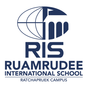 RIS Ruamrudee International School logo with globe and arch design, and text indicating it is on the Ratchaphruek Campus.