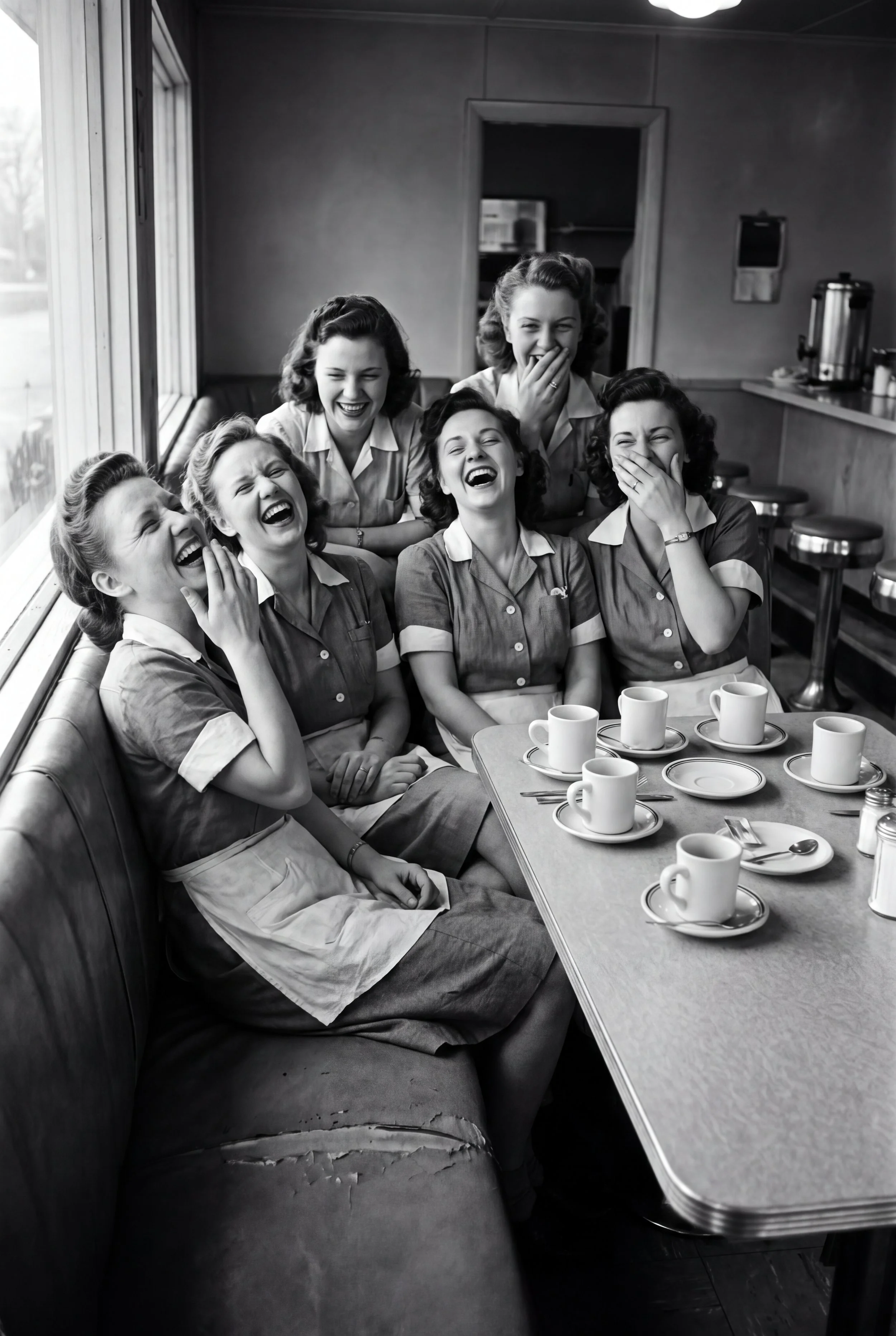Black and white photo of six women in vintage waitress uniforms sitting together at a table in a diner, all laughing and covering their mouths in amusement.