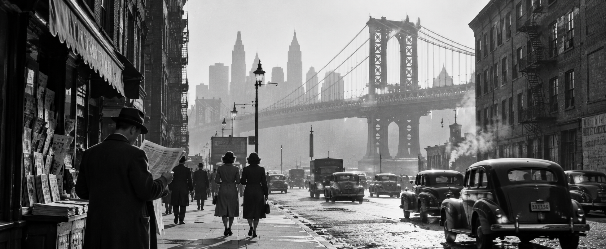 Black and white photo of a street scene in New York City, with the Brooklyn Bridge in the background. People are walking along the sidewalk, some reading newspapers. Classic cars are parked and driving on the street, and buildings with fire escapes line the street.