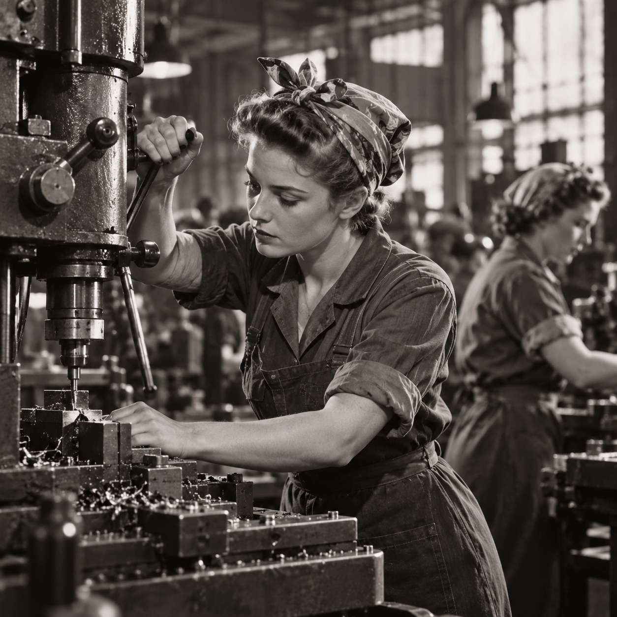 Women working with industrial machinery in a factory, wearing vintage work clothes and headscarves.
