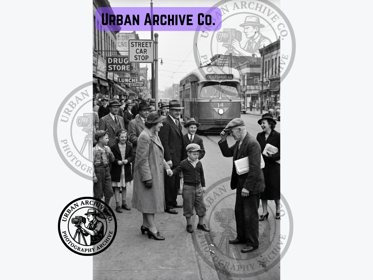 Fine Art Print - Family at Streetcar Stop, 1940s