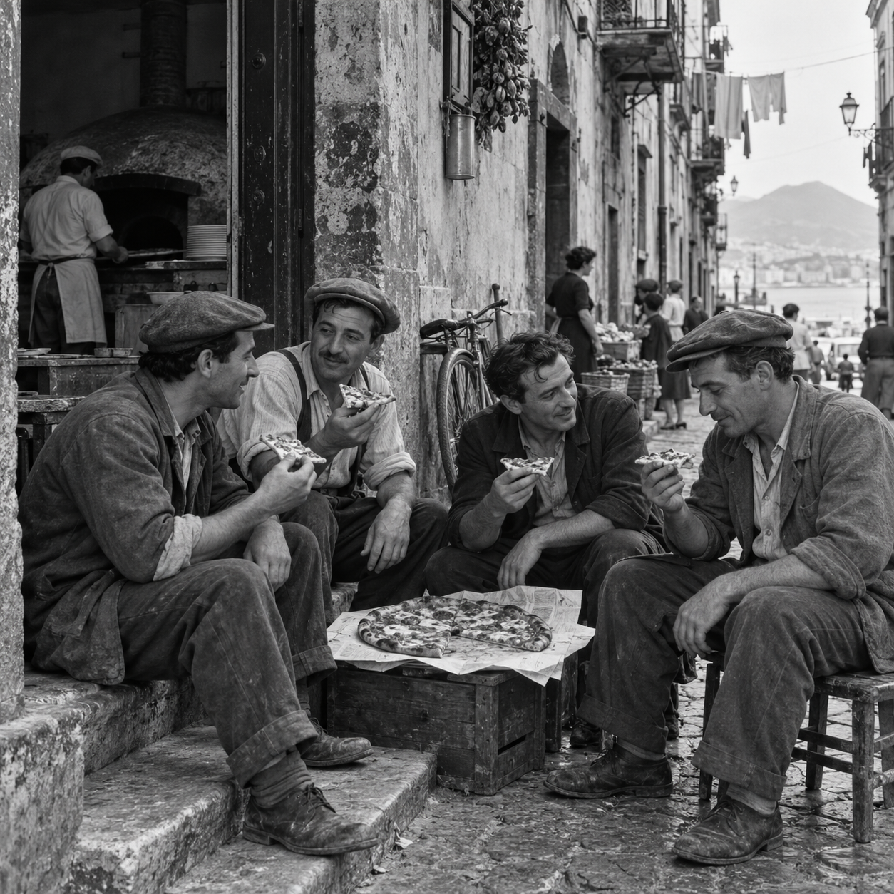Four men wearing old-fashioned clothing and hats sit on the street steps, eating slices of pizza, with one pizza on a small table in front of them. In the background, a woman and others walk along a busy street with buildings and laundry hanging overhead.