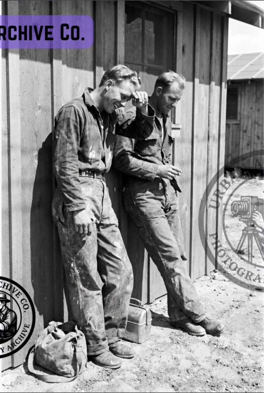 Two young men in work overalls leaning against a wooden building, laughing and talking, with tools and bags on the ground beside them.