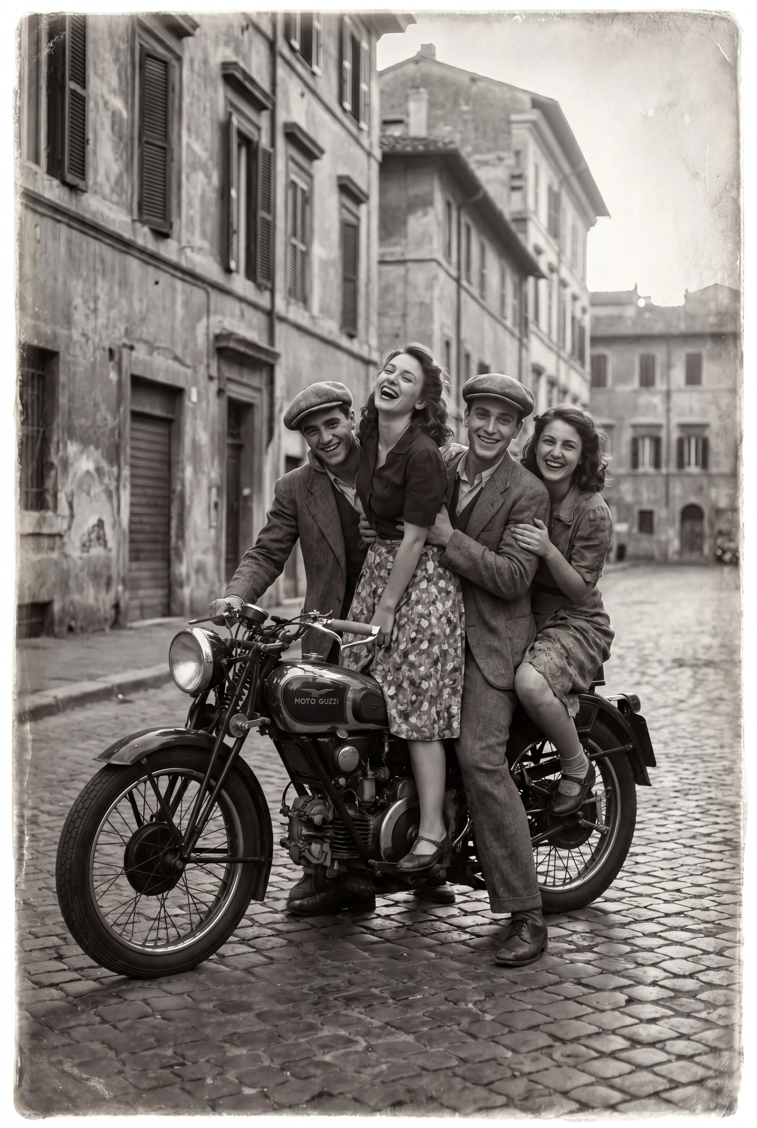 Black and white photo of four young people sitting on and around a vintage motorcycle on a cobblestone street in an old European city, with worn buildings in the background.
