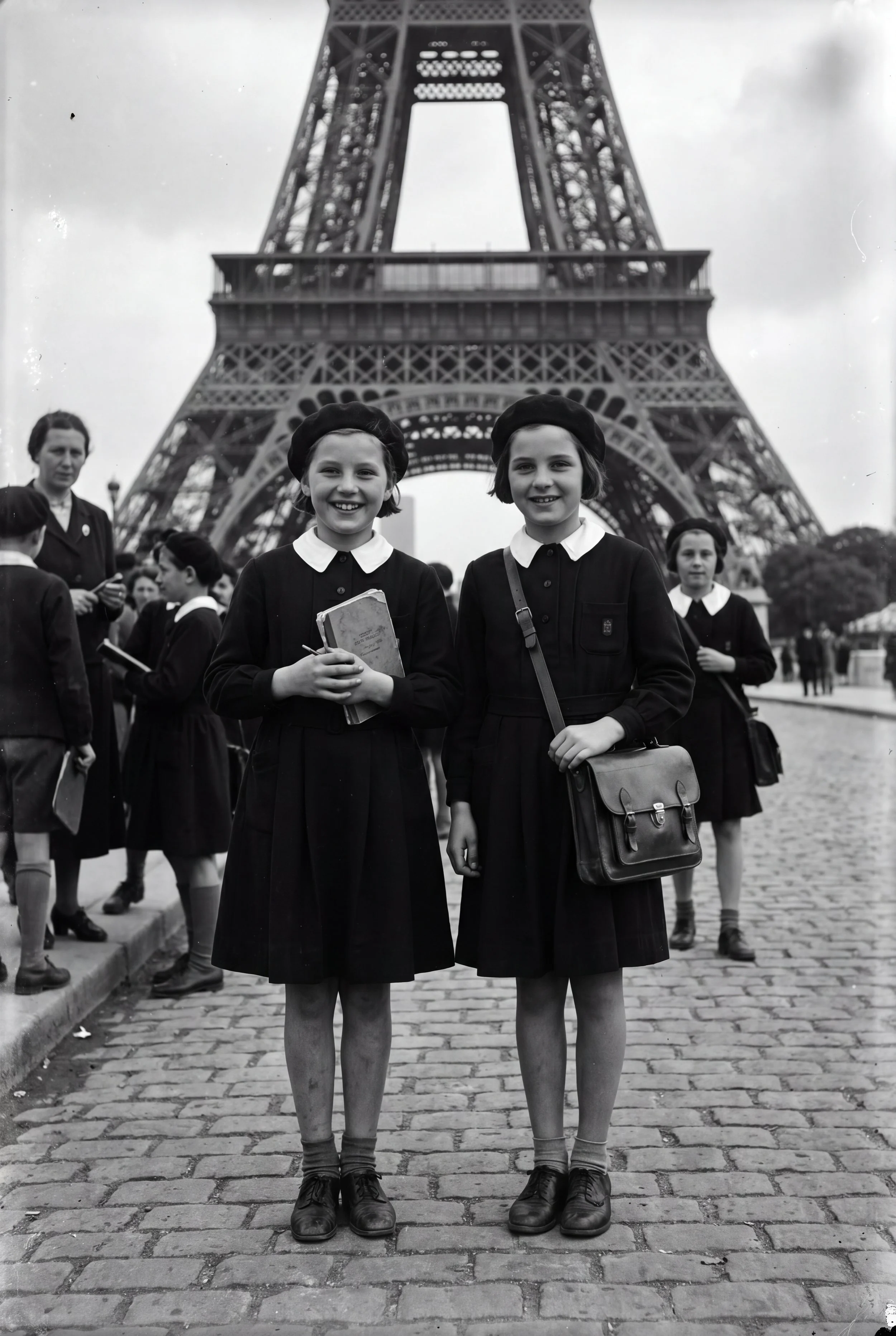 Black and white photo of schoolgirls in uniforms standing in front of the Eiffel Tower in Paris, France, with some holding books and bags.