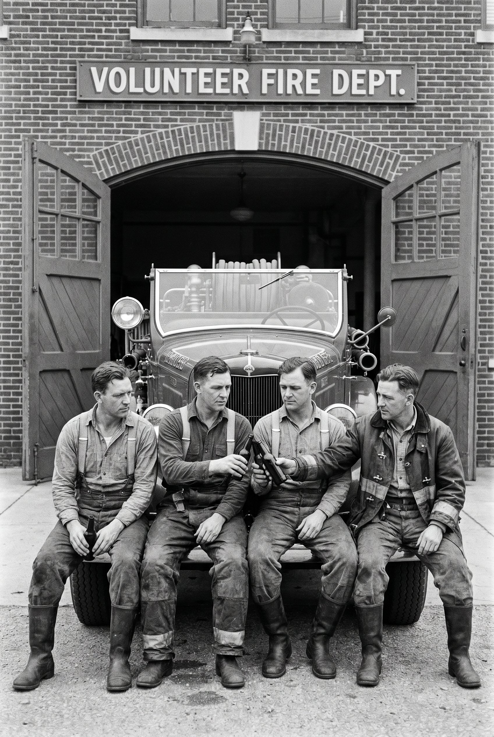 Four firefighters relaxing outside a fire station with a vintage fire truck in a black-and-white photograph.