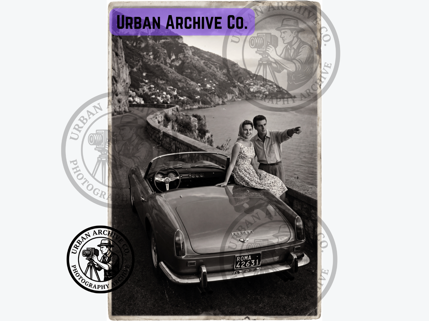 Fine Art Print - Couple with Ferrari Convertible in Italian Riviera, 1950s