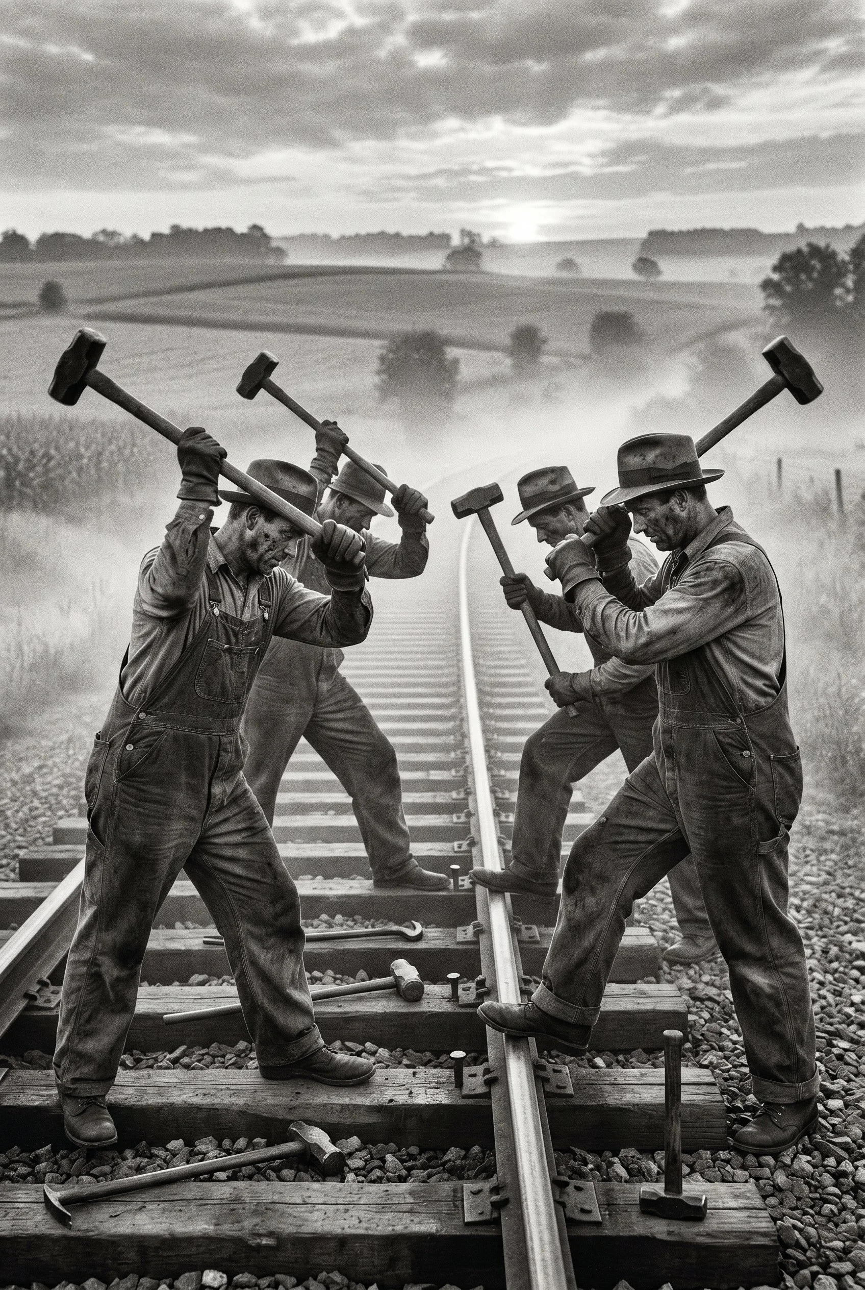 Four men dressed in work clothes and hats are working together to assemble or repair a railroad track in a rural area during daylight. They are using hammers and appear to be focused on their task.